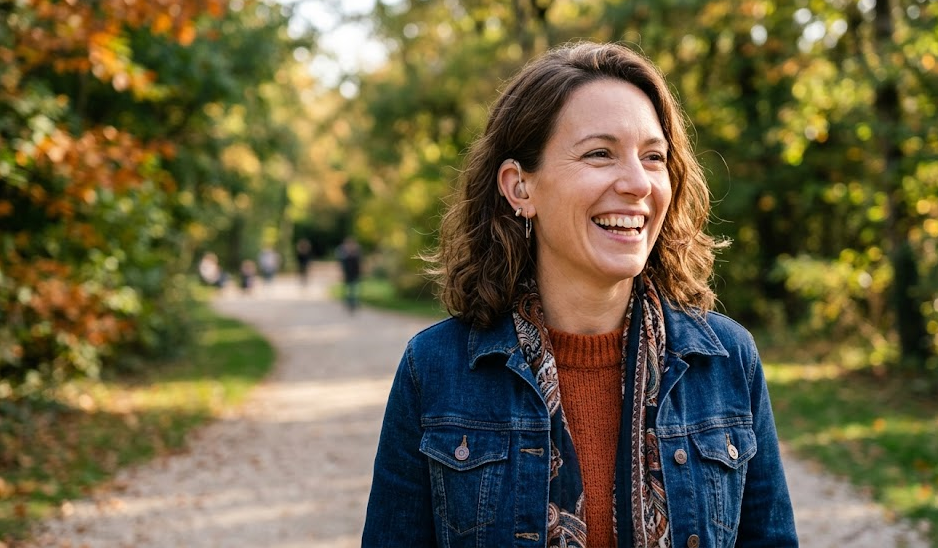 Femme souriante portant un appareil auditif, en extérieur